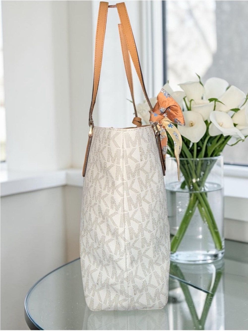 Michael Kors Cream Signature Tote with Tan Handles and Floral Scarf - Picture 4 of 10